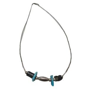 1970s Sterling Silver Liquid +  Turquoise Stones Bohemian Hippy Necklace